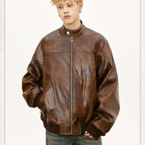 Retro Street Maillard PU Leather Color Rivet Coat