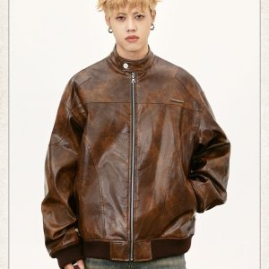Retro Street Maillard PU Leather Color Rivet Coat