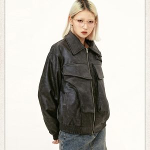 American Street Retro Large Pocket Lapels PU Leather Coat