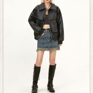 American Street Retro Large Pocket Lapels PU Leather Coat