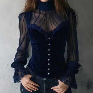 Mesh-panel Black Lace Top With Hollow-out Floral Trim