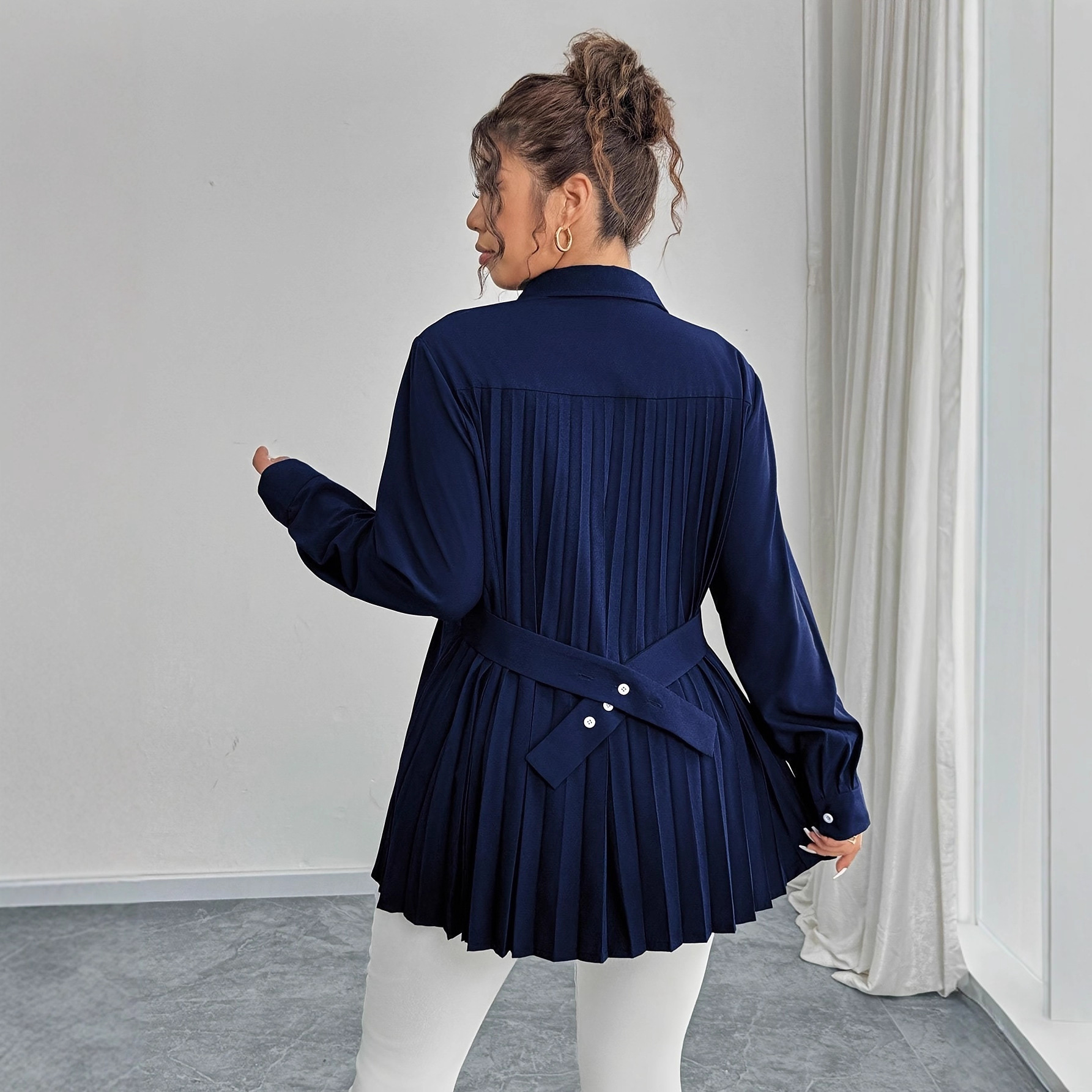 Elegant Casual Solid-color Shirt With Waist Pleats - الصورة 3