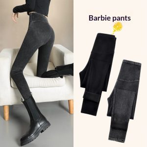 Womens High-waisted Denim Jeans With Fleece Lining For Fallwinter Wear