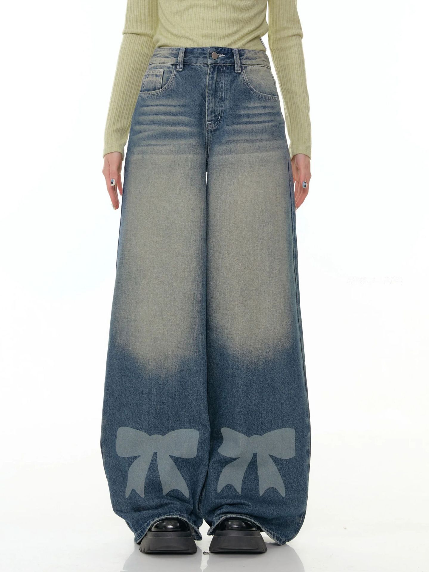 Retro Wide-leg Bow-tie Printed Washed Denim Jeans - الصورة 6
