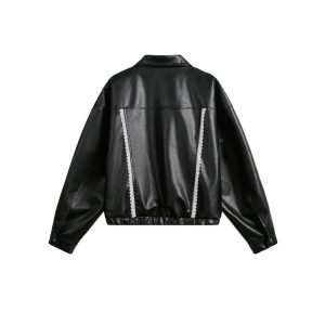 Women's Street Black Lace Love Number Embroidered Lapel Jacket