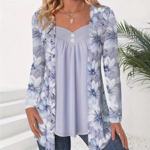 Fashionable Two-in-One Printed Long-Sleeve Top With Buttons