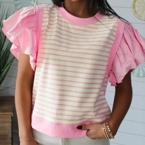 Stripe Ruffled Short Sleeve Patchwork Blouse