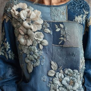 Womens 3D-printed Crew-neck Long-sleeve Retro Bohemian Top