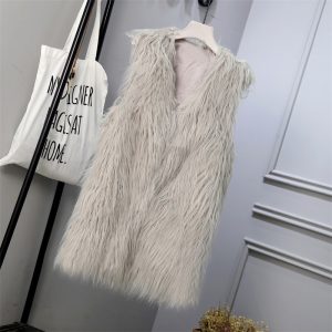 Womens Fashion Faux Fur Vest Mid-Length Fur-Lined Coat