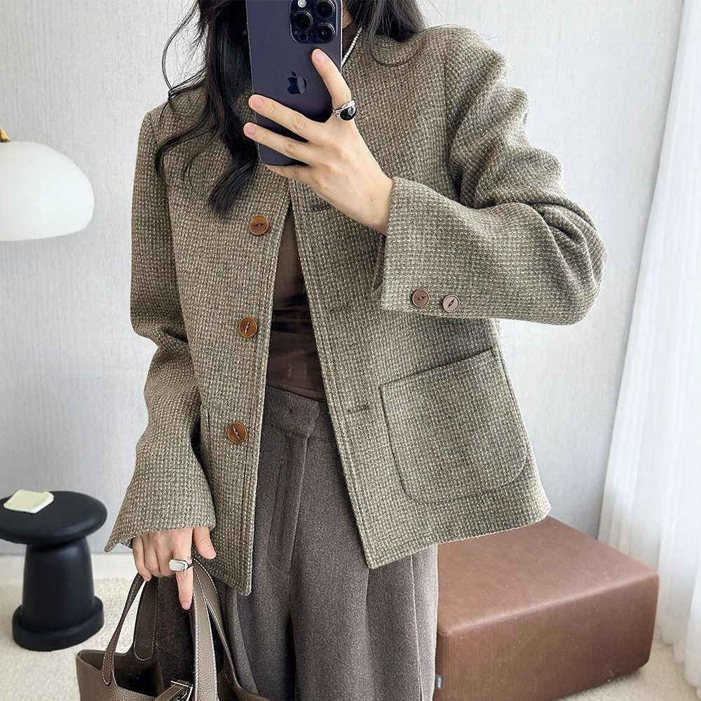 Elegant Tweed Vintage Crew-neck Coat For Women - الصورة 2