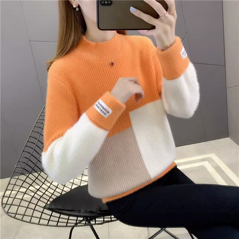 Womens High-Waisted Colorblock Mink-Blend Sweater - الصورة 10