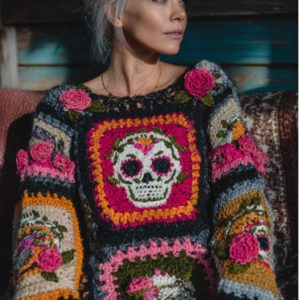 Womens Retro Printed American Style Streetwear Loose Knit Sweater Top