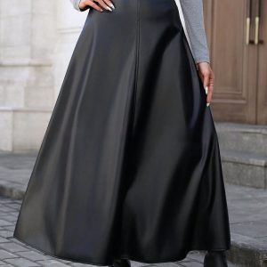 Slimming Hip-covering Mid-length A-line PU Leather Skirt With A Flared Hem