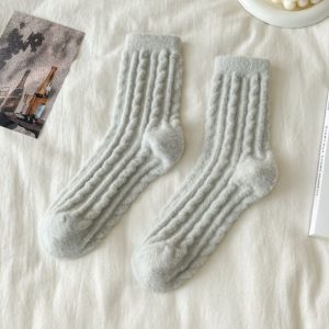 Thick Solid-color Mid-calf Cotton Socks For Women