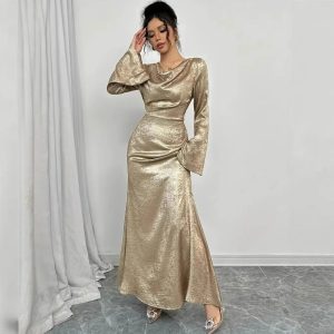 New Sexy Gold-dusted Evening Dress With Long Sleeves