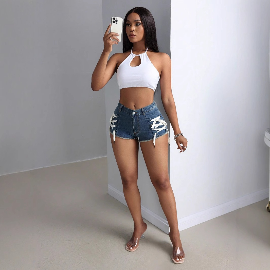 Womens Stylish Slim-Fit Personalized Elastic Denim Shorts With Ties - الصورة 5