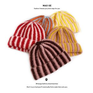 Cat Brothers New Stylish Contrast-color Striped Knit Beaniefashionable Color-blocked, And Warm For Boys And Girls In Fall And Winter