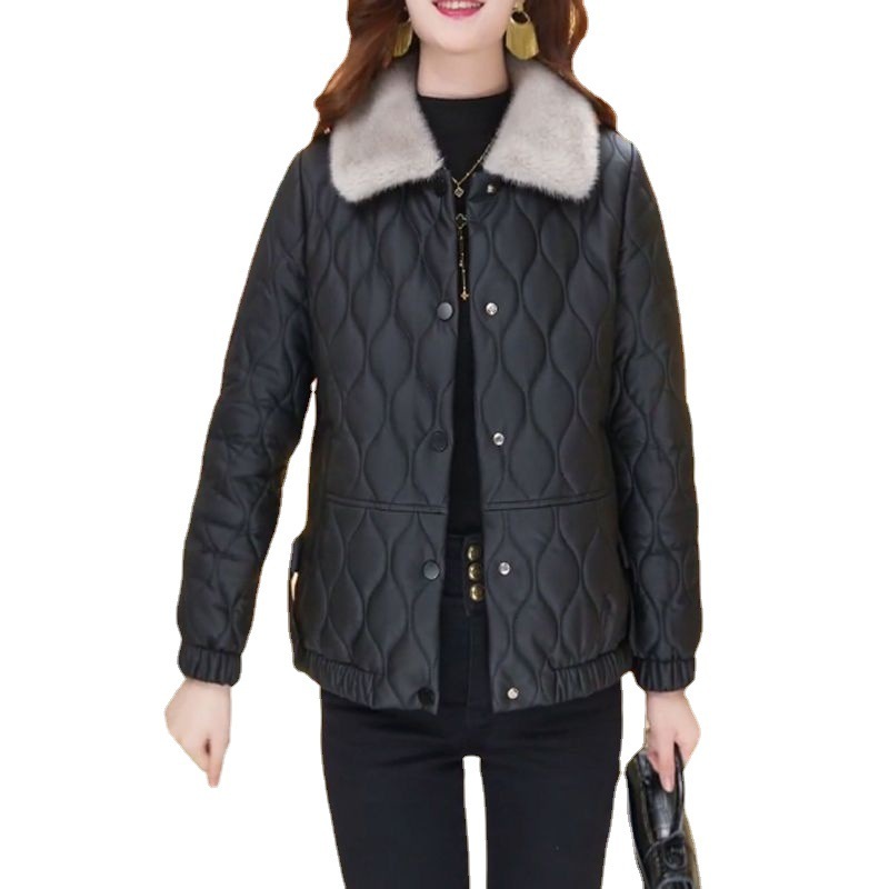 Non-split Leather Disposable Down Cotton-padded Coat For Women Short Leather Jacket - الصورة 5