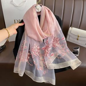Versatile Embroidered Silk-Feel Thermal Scarf