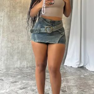 Retro Asymmetrical-hem Fashionably Designed Washed Denim Shorts