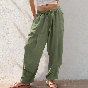 Womens Solid-Color Cotton-Linen Casual Loose Straight Pockets Lounge Pants With Drawstring