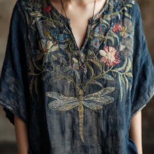 Womens Printed Linen Long-Sleeve Shirt Top