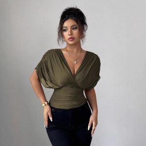 Solid-color Deep V-neck Short-sleeve Waist-cinching Top For Women
