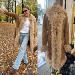 Stylish Mid-Length Suede And Fur Patchwork Coat
