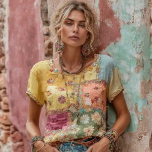 Womens Retro Printed Patchwork Crew-Neck Top