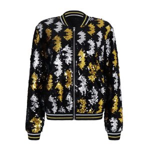 Slim-fit Elegant Long-sleeve Sequin Baseball Jacket For Workwear