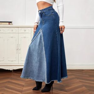 Womens Patchwork Denim Raw-Hem Skirt