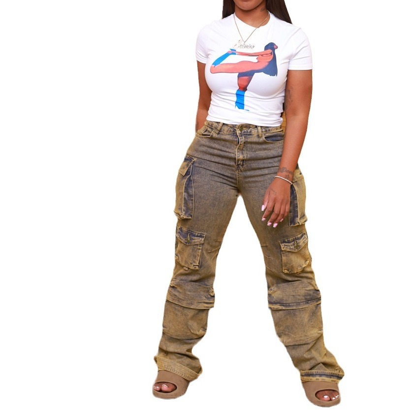 Workwear Style Distressed Washed Denim Jeans - Image 2