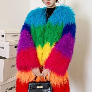 Contrast-color Plush Patchwork Coat Winter Lambswool Coat