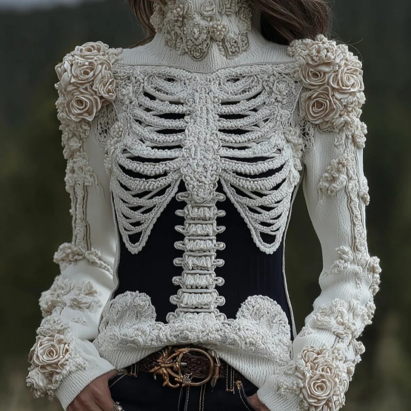 Womens 3D Digital-print Crew-neck Loose Sweater