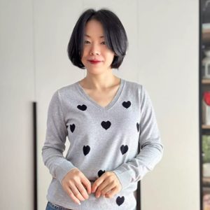 Womens Modal V-Neck Long-Sleeve Heart-Shape Jacquard Pullover Knit Top