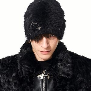 Pearl-beaded Embroidered Knit Beanie With Faux Mink Fur For Warmth