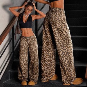 Womens High-waisted Loose-fitting Leopard-print Wide-leg Pants