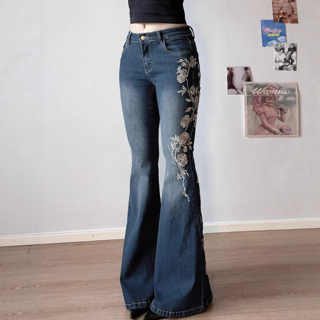 Denim-style Casual Pants With Floral Embroidery - الصورة 3