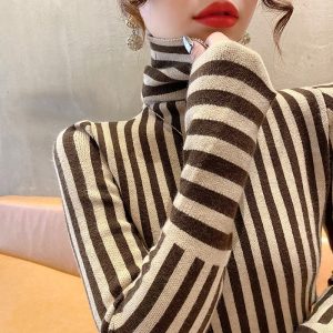 Womens Casual Striped Knitted Turtleneck Sweater