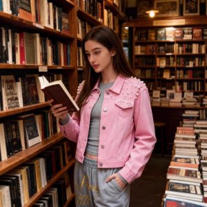 Womens Fashionable Heavy-Detailed Beaded Denim Jacket