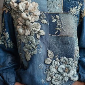 Womens 3D-printed Crew-neck Long-sleeve Retro Bohemian Top