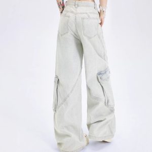 Womens Straight-Leg Multi-Pocket Workwear-Style Loose Wide-Leg Denim Jeans
