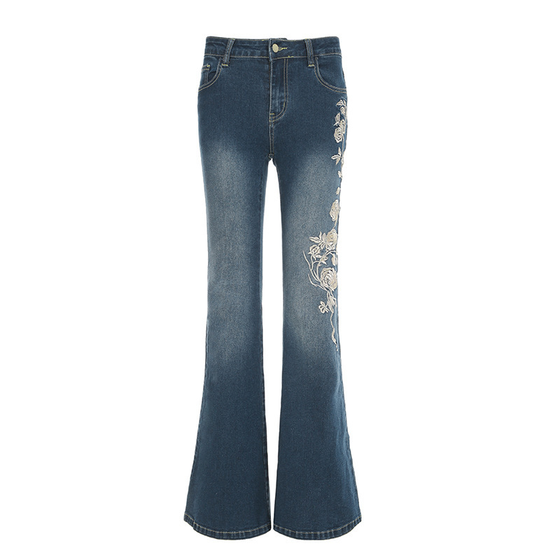 Denim-style Casual Pants With Floral Embroidery - الصورة 7
