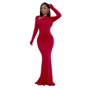 Womens Solid-Color Long-Sleeve Slim-Fit Dress