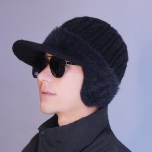Thickened Warm Knitted Beanie With Rabbit Fur Lining And Ear Flapswind- And Cold-resistant For Cycling