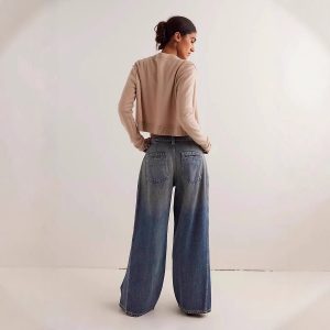 Womens Fashionable Retro Wide-Leg Denim Jeans