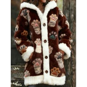 Womens Hooded Coat Printed Plush Hoodie Long Top