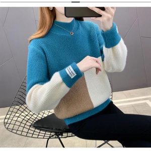 Half Turtleneck Loose Fit Color Block Knit Top For Women