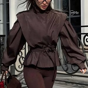 Women's Vintage Stand Collar Loose Long Sleeve Trench Coat Short Jacket