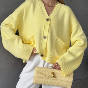 Solid-color V-neck Knitted Cardigan With Large Pockets For Women